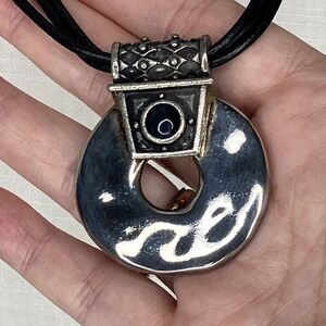Chico's Necklace Gunmetal Gray Circle Tribal Pendant Black Leather Grunge Goth